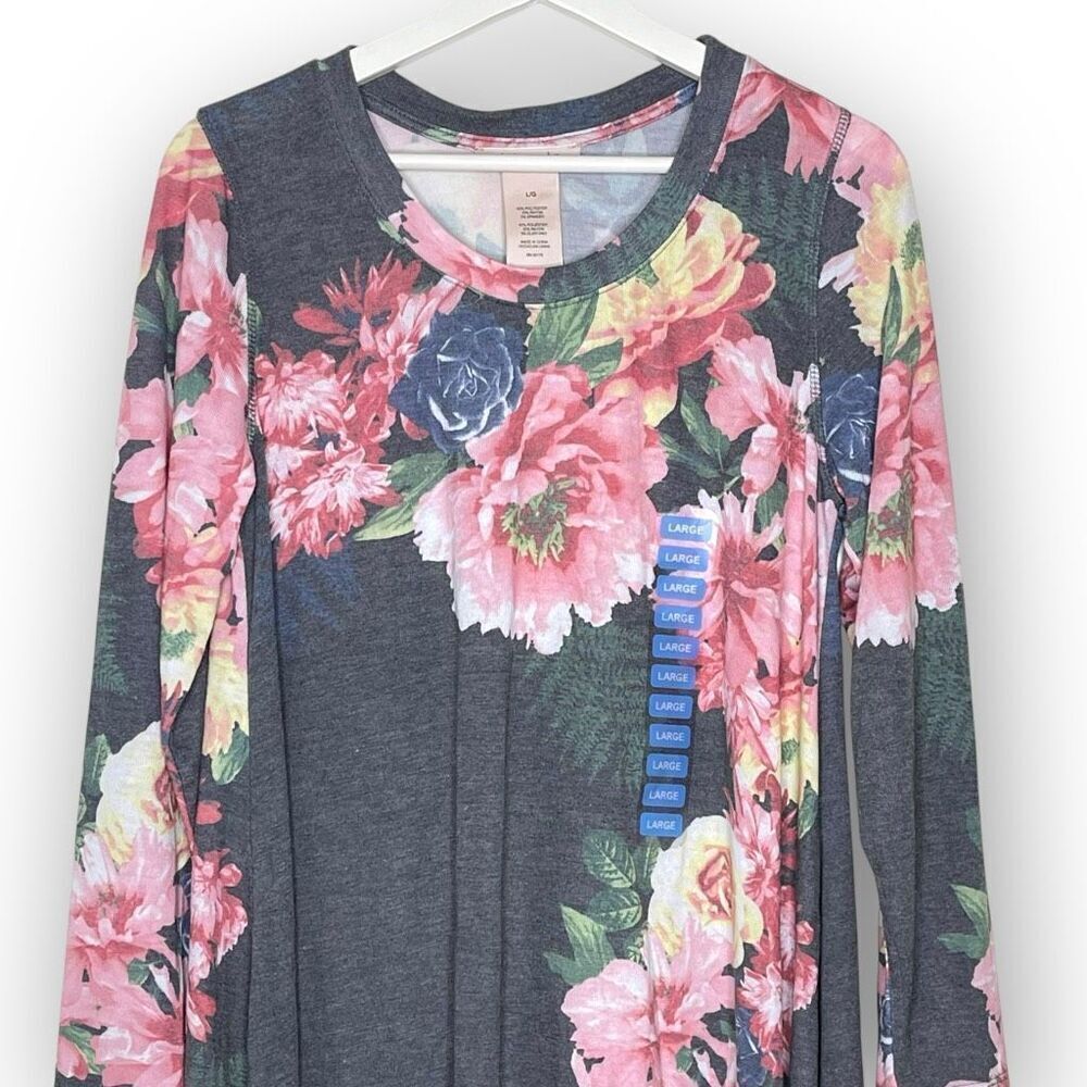 Philosophy Tunic Gray Floral Botanical Asymmetrical Blouse Top Womens Size Large - Picture 3 of 8